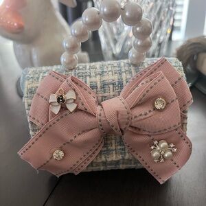 Pink Bow Tweed Handbag with Pearl Accents